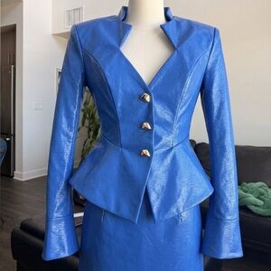 Royal Blue Peplum vegan lesther set Jacket and mini skirt with silver Buttons